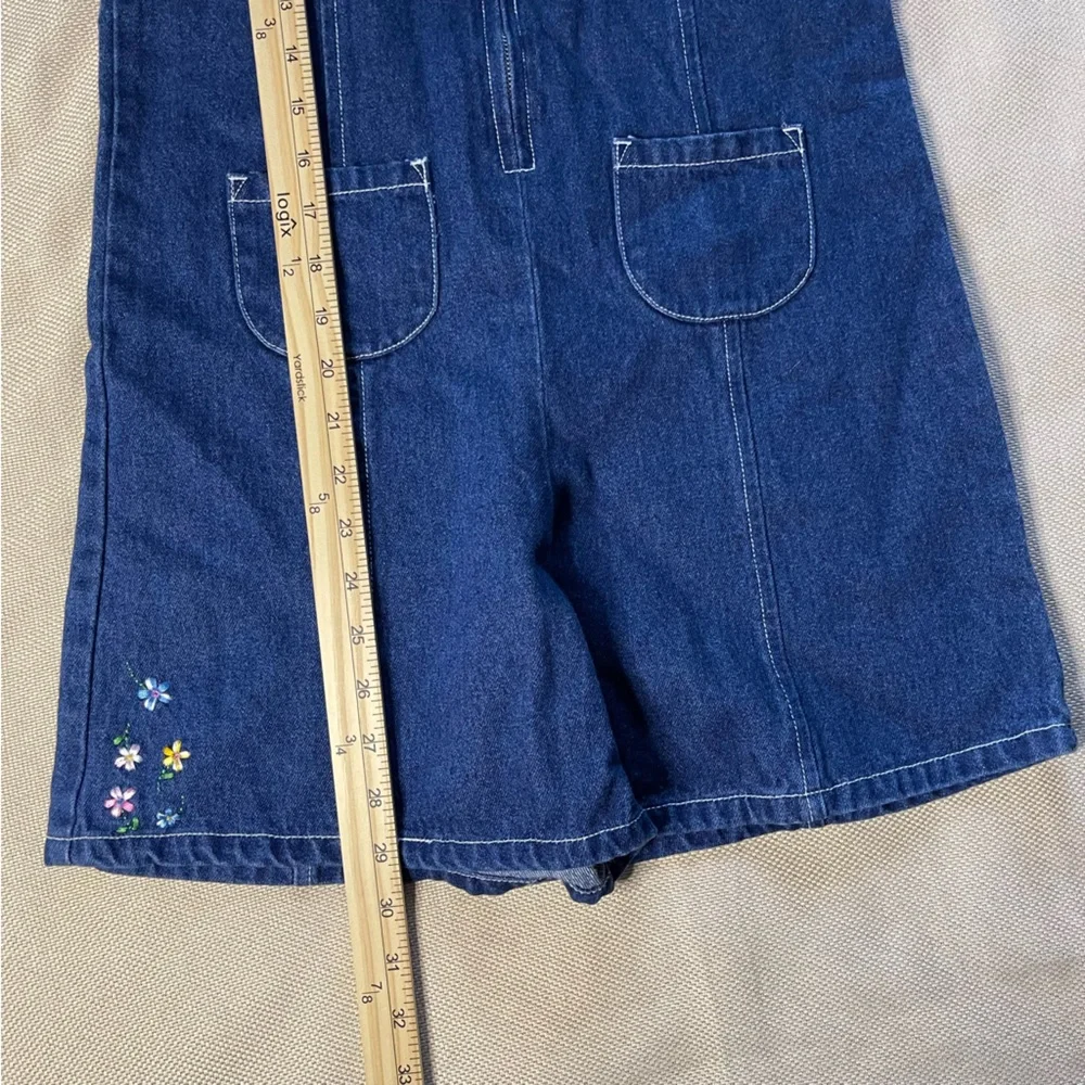 Vintage Girls Denim Romper Overalls Jumper L/14 Badge Floral Embroidered 90s